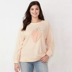 LC Lauren Conrad Womens Peach Pink Raglan Fuzzy Strawberry Novelty Sweatshirt XS